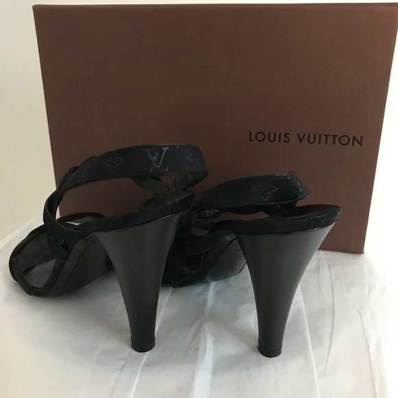 Louis Vuitton Vintage Black Satin Logo Sandals | Size 38.5 | 4.5” Heels + Box - Picture 11 of 11